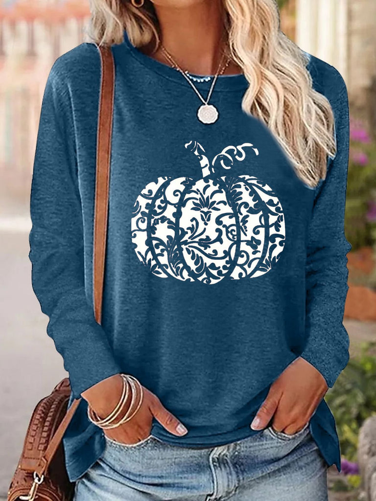 Loose Crew Neck Long Sleeve Pumpkin Pattern Fashion Regular Blouses