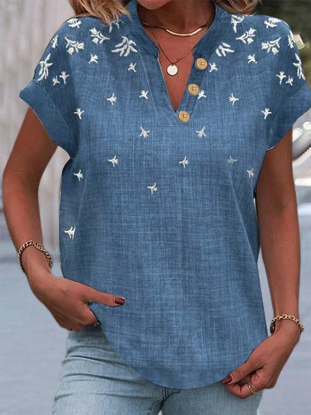 Loose V Neck Short Sleeve Floral Embroidery Fashion Regular Blouse