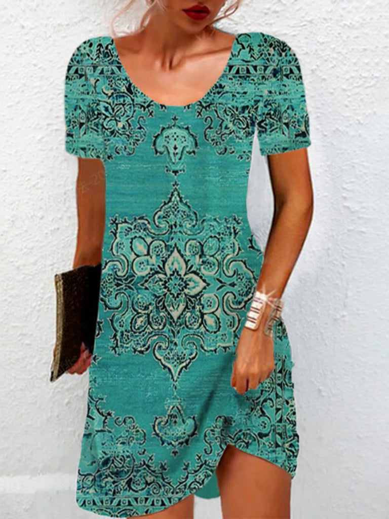 Fashion Short Sleeve Crew Neck Ethnic Loose Short Dress