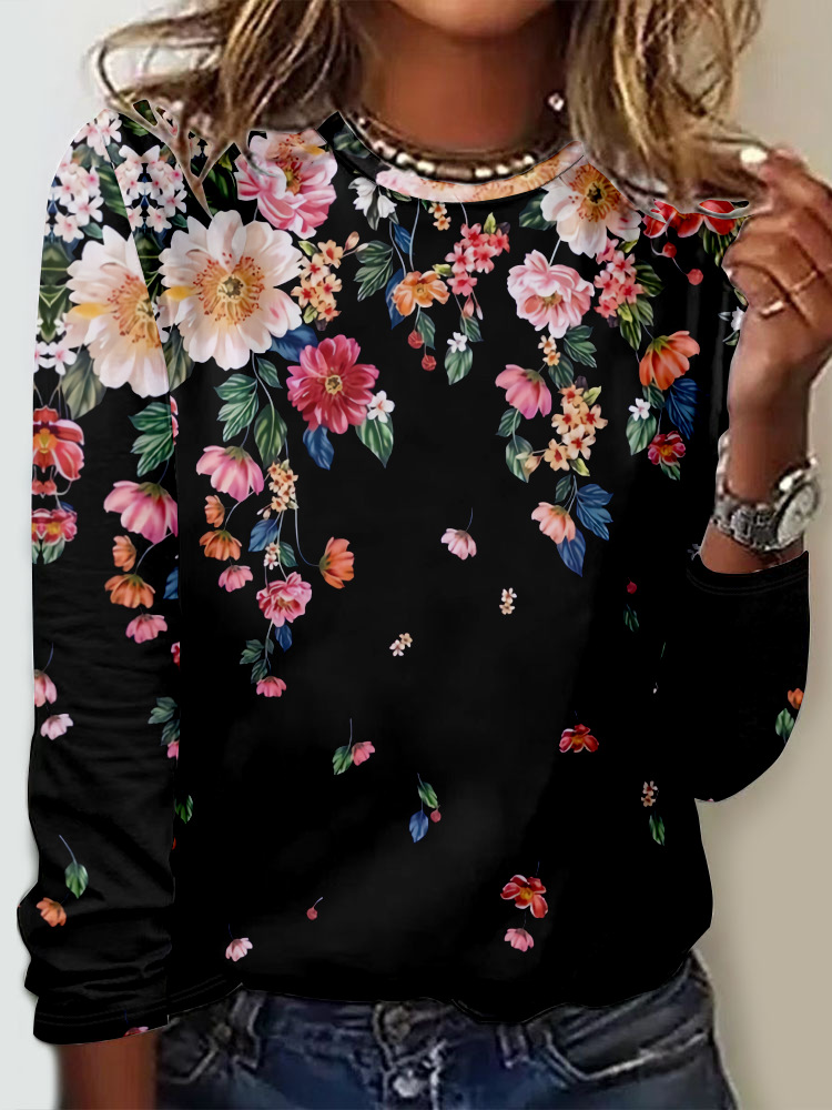 Fashion Crew Neck Long Sleeve Floral Casual Regular T-Shirt