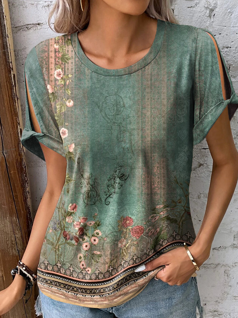 Fashion Short Sleeve Crew Neck Floral Casual Mid-Long Blouses