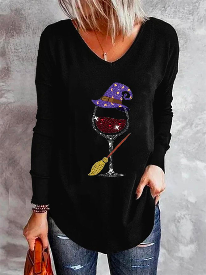 Fashion V Neck Long Sleeve Halloween Casual Mid-Long T-Shirt