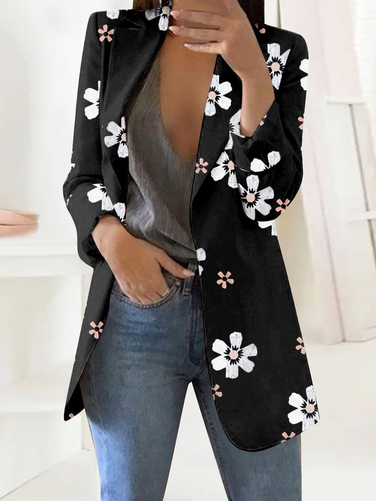 Loose Lapel Collar Long Sleeve Floral Fashion Mid-Long Jacket
