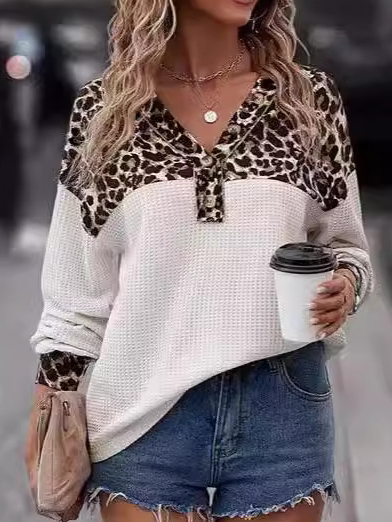 Fashion V Neck Long Sleeve Leopard Loose Regular Blouse