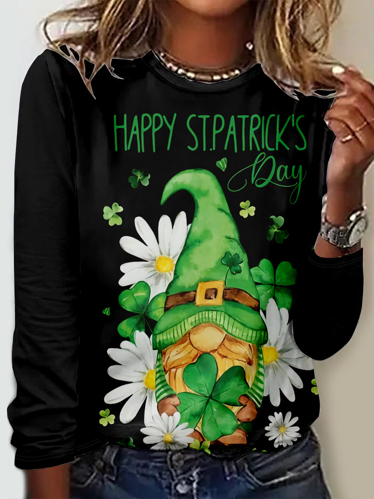 Casual Crew Neck Long Sleeve Four-Leaf Clover Fashion Regular T-Shirt