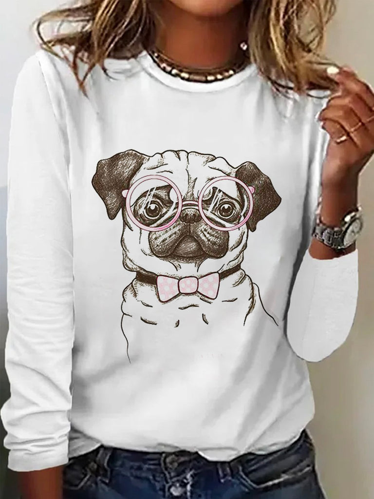 Fashion Crew Neck Long Sleeve Dog Casual Regular T-Shirt