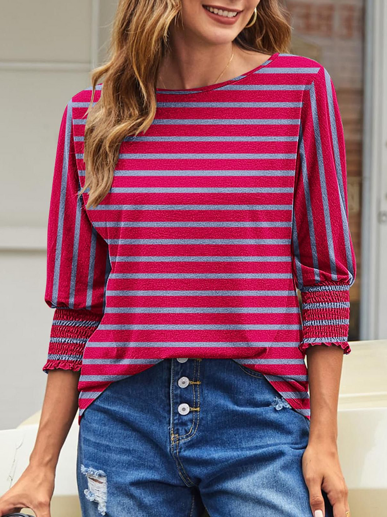 Fashion Crew Neck Long Sleeve Striped Loose Regular Blouse