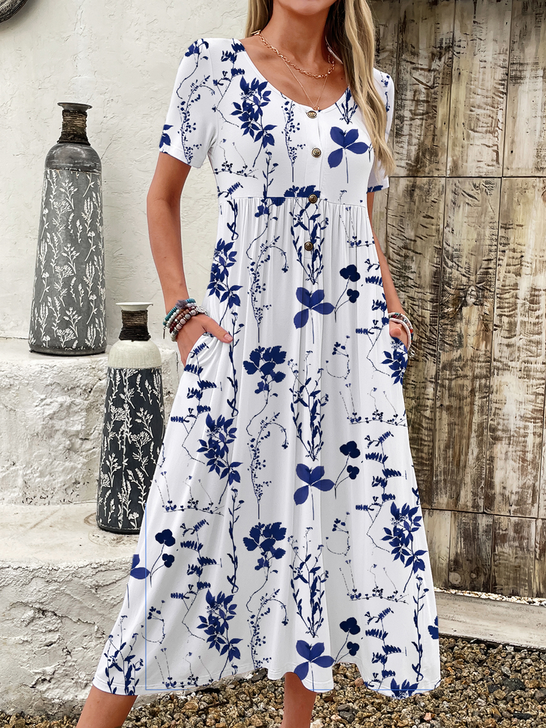 Fashion Short Sleeve Crew Neck Floral Loose Maxi Dress