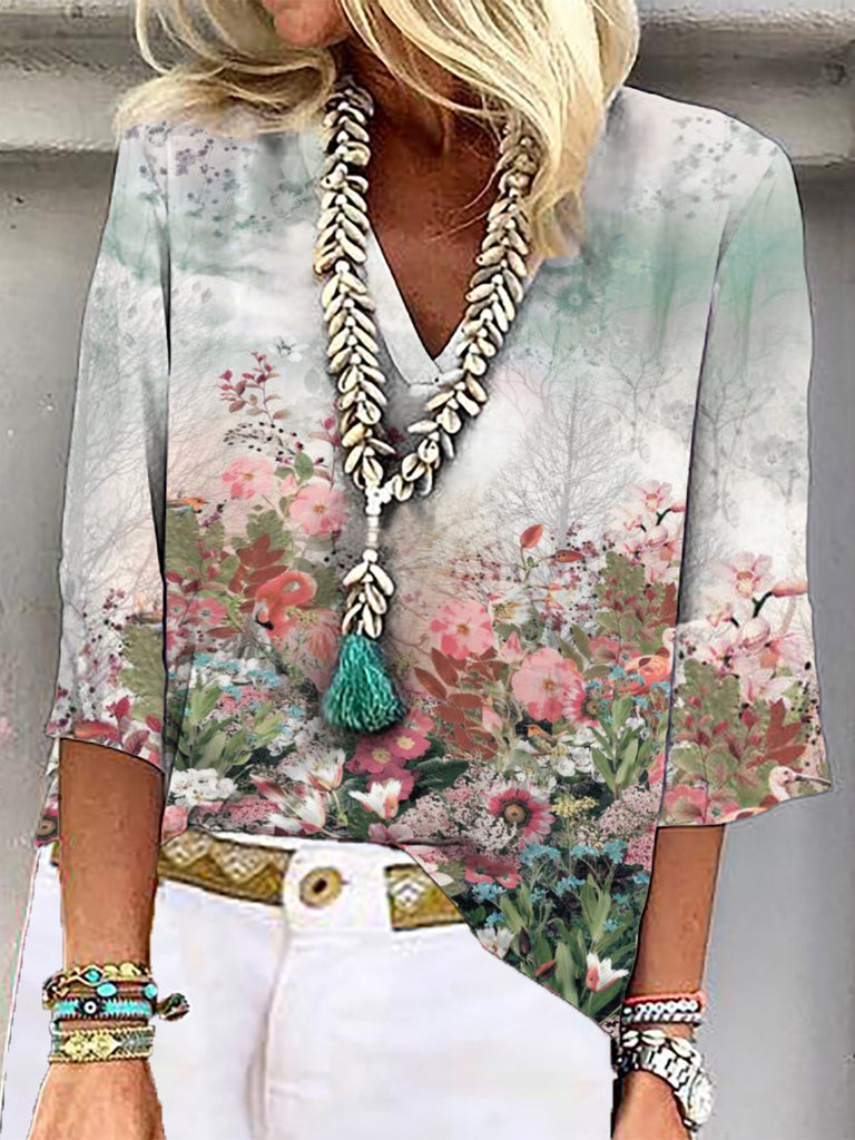 Fashion 3/4 Sleeve V Neck Floral Regular Blouse