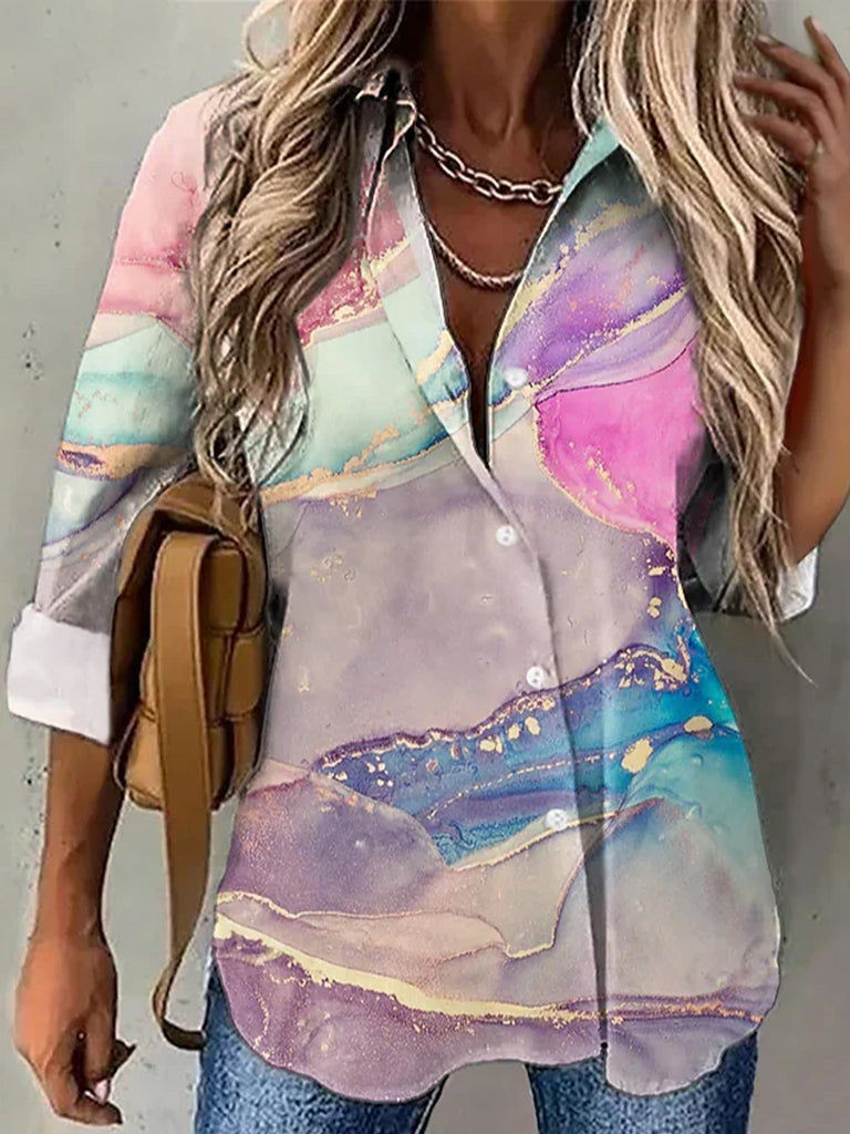 Loose Long Sleeve Shirt Collar Random Print Fashion Mid-Long Shirt