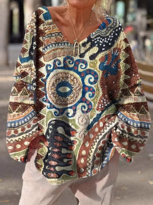 Fashion V Neck Long Sleeve Ethnic Floral Christmas Loose Mid-Long Sweatshirt