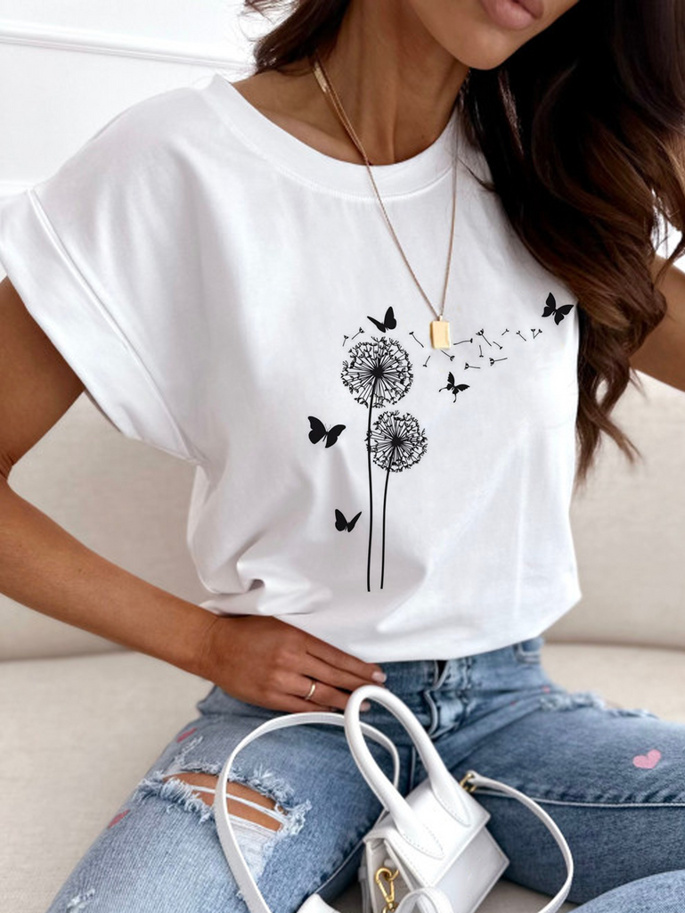 Fashion Short Sleeve Crew Neck Dandelion Loose Regular T-Shirt