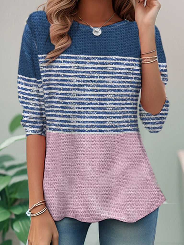 Fashion Crew Neck Long Sleeve Striped Loose Regular T-Shirt