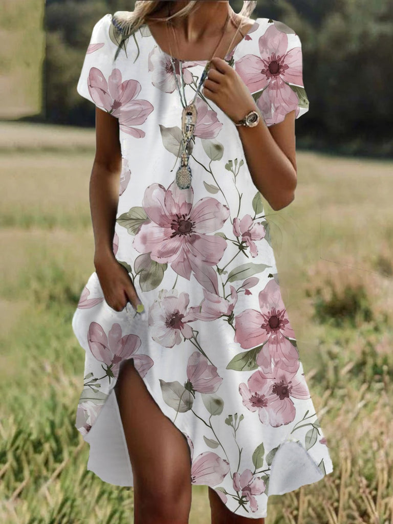 Fashion Short Sleeve Crew Neck Floral Loose Short Dress