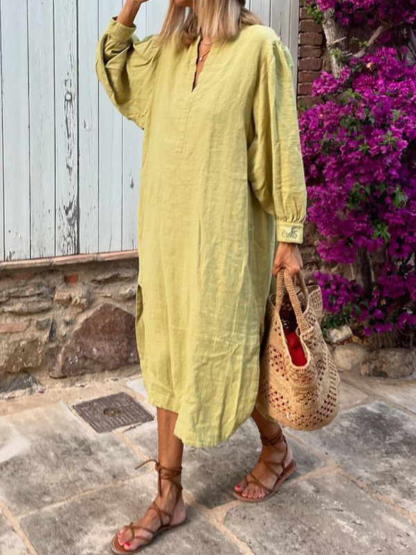 Fashion V Neck Long Sleeve Plain Maxi Dress