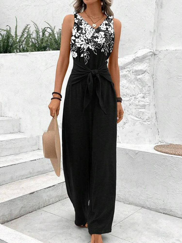 Loose V Neck Sleeveless Floral Fashion Long Jumpsuit