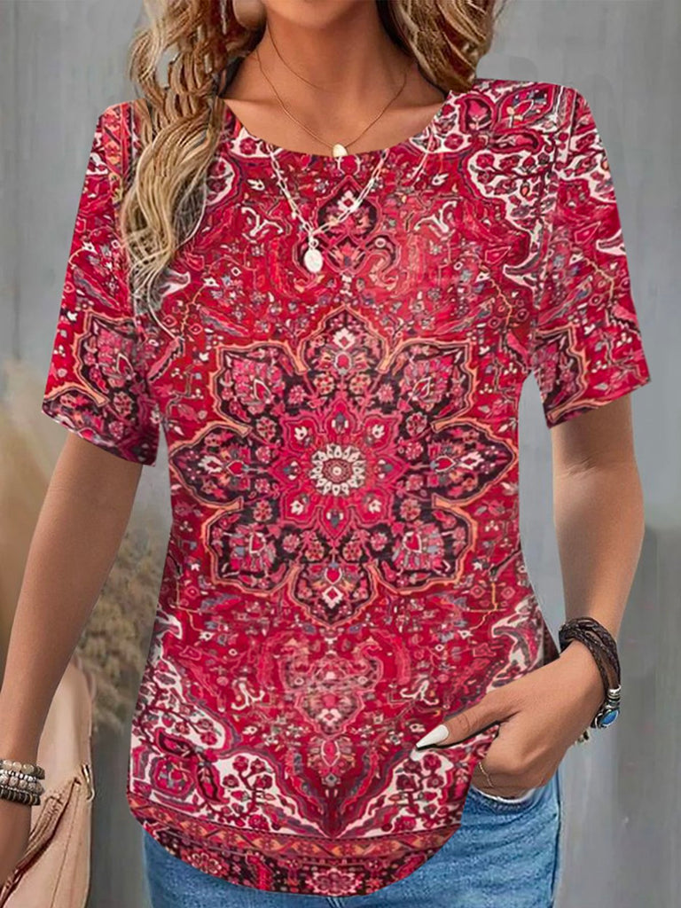 Fashion Short Sleeve Crew Neck Ethnic Casual Regular Blouses