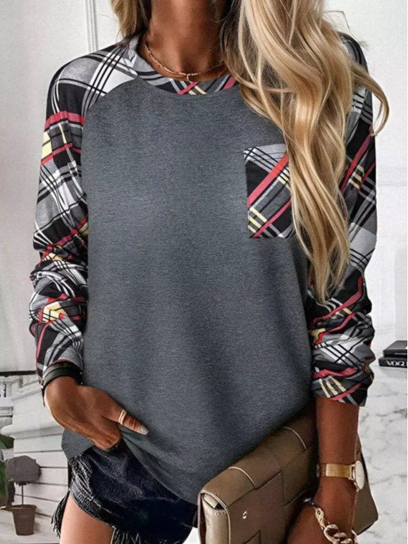 Fashion Crew Neck Long Sleeve Plaid Loose Regular Blouses