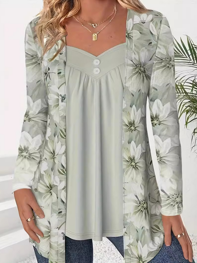 Loose V Neck Long Sleeve Floral Fashion Regular Blouse