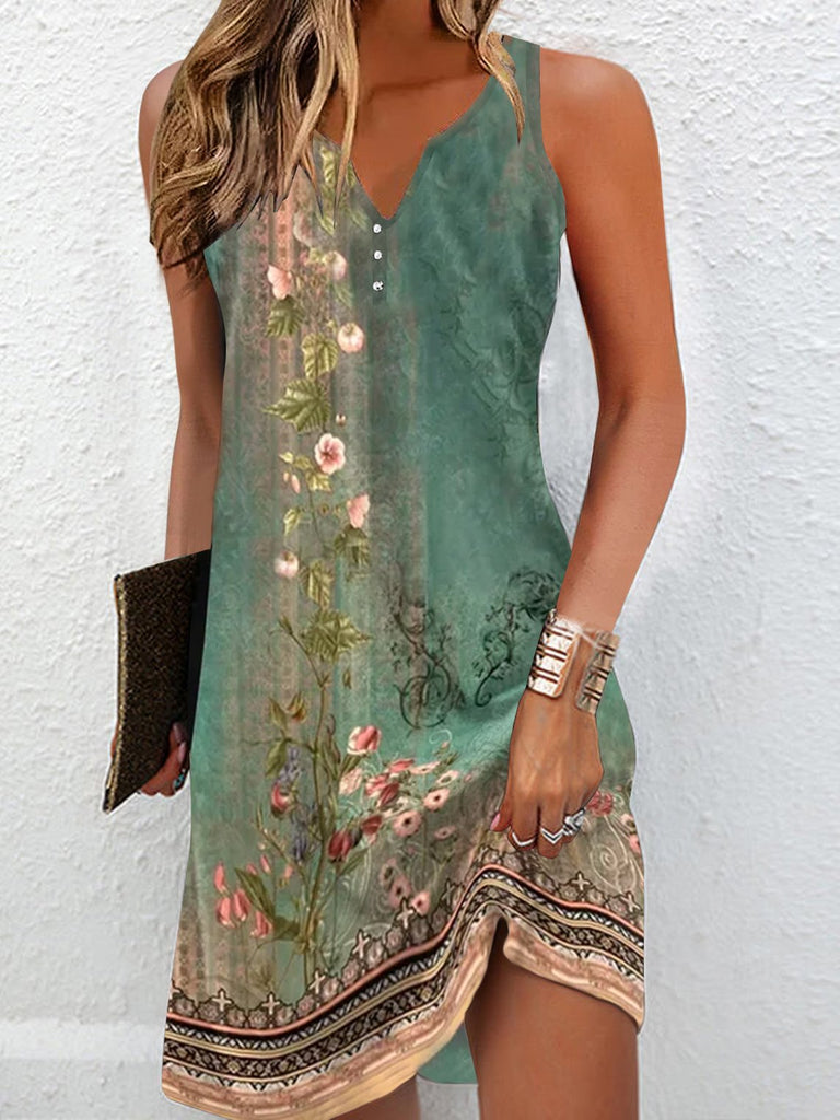 Fashion Sleeveless Notched Floral Loose Short Dress