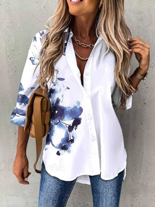 Fashion Long Sleeve Shirt Collar Ethnic Floral Loose Regular Shirt