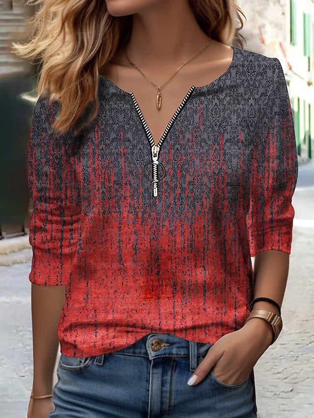 Fashion V Neck Long Sleeve Gradient Pattern Loose Regular Blouse