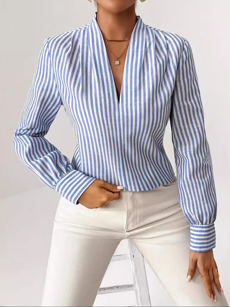 Fashion V Neck Long Sleeve Striped Loose Regular Blouse