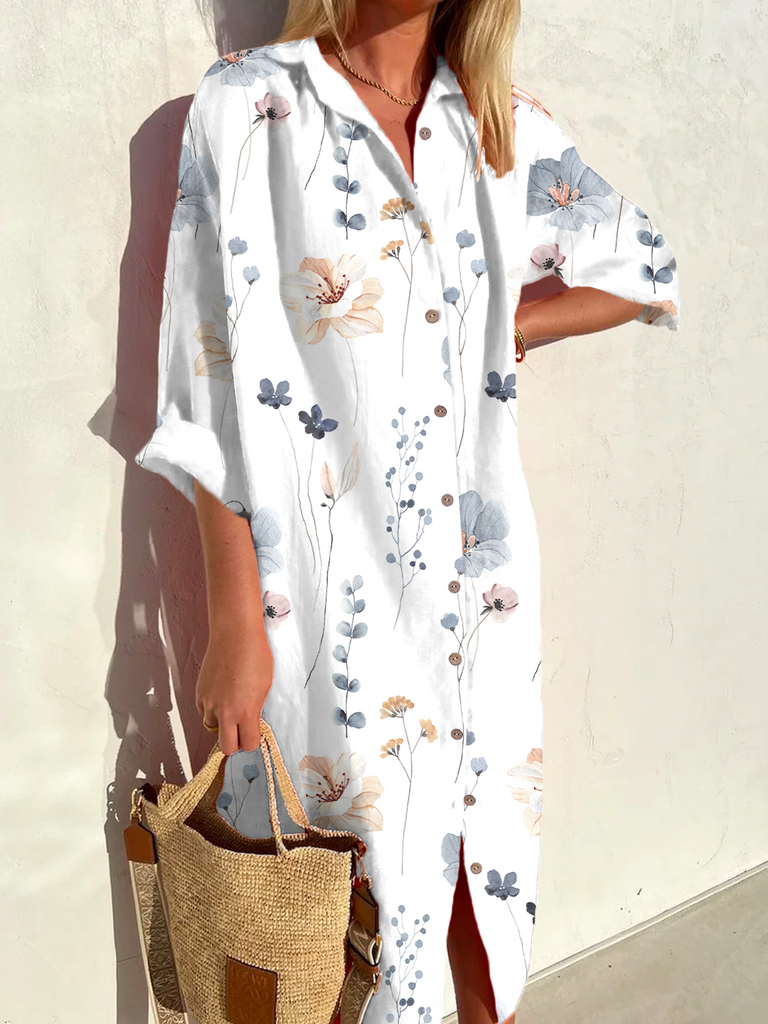 Fashion 3/4 Sleeve Shirt Collar Floral Loose Midi Dress
