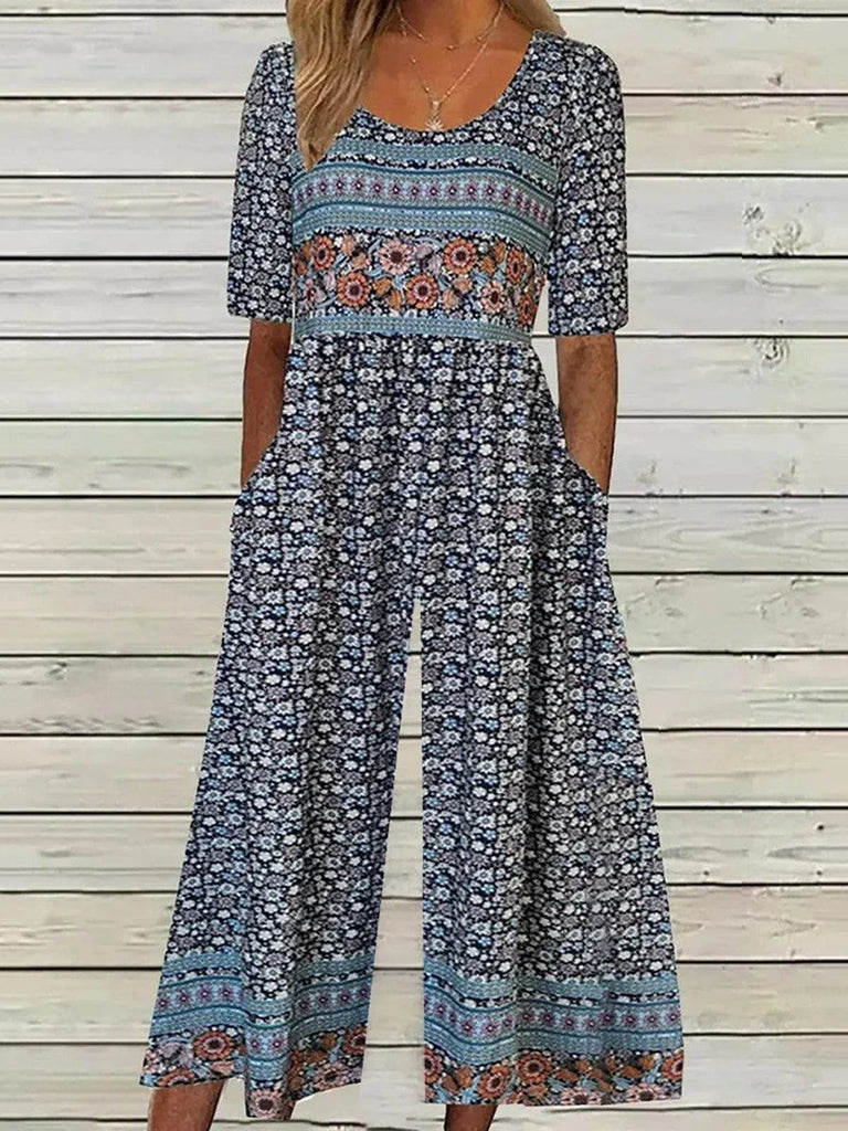 Loose Short Sleeve Crew Neck Small Floral Fashion Ankle Jumpsuit