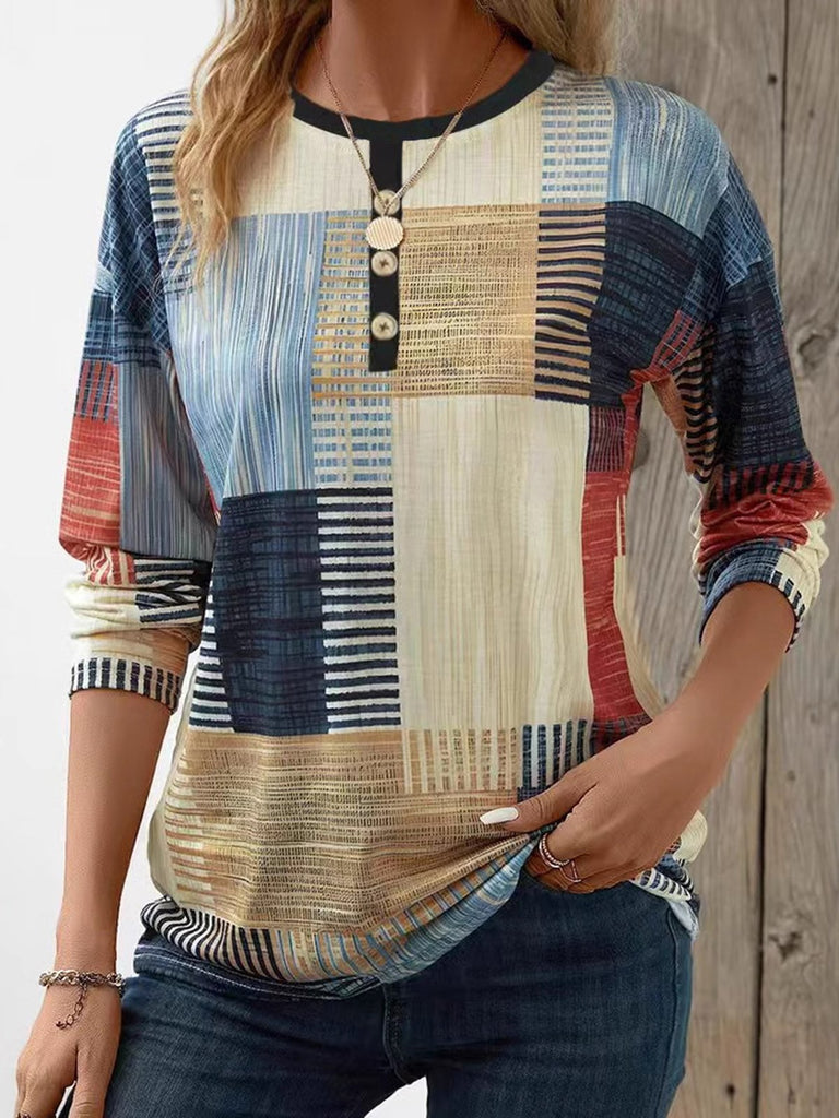 Fashion Long Sleeve Cold Shoulder Colorblock Loose Regular Blouses
