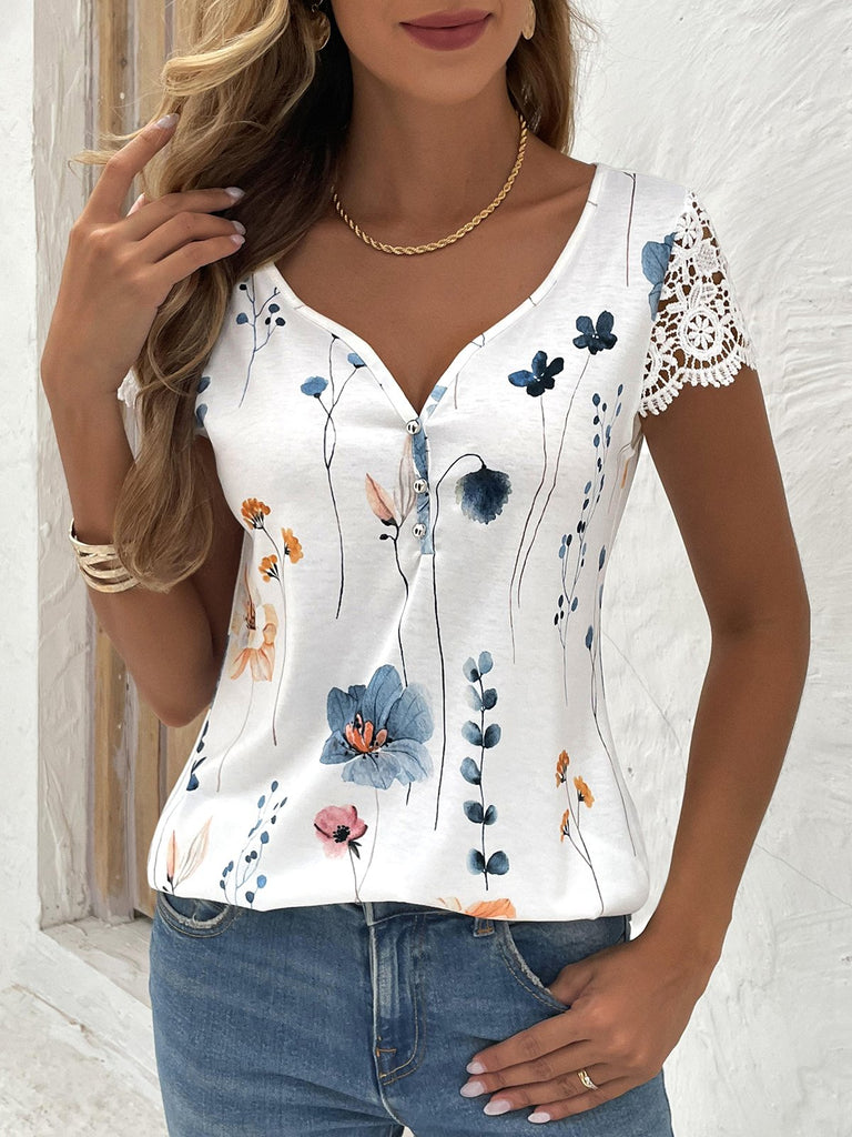 Fashion V Neck Short Sleeve Floral Printing Loose Regular Blouse