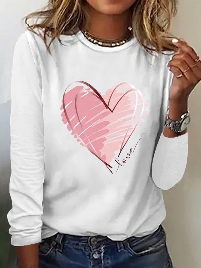 Casual Crew Neck Long Sleeve Heart/Cordate Fashion Regular T-Shirt