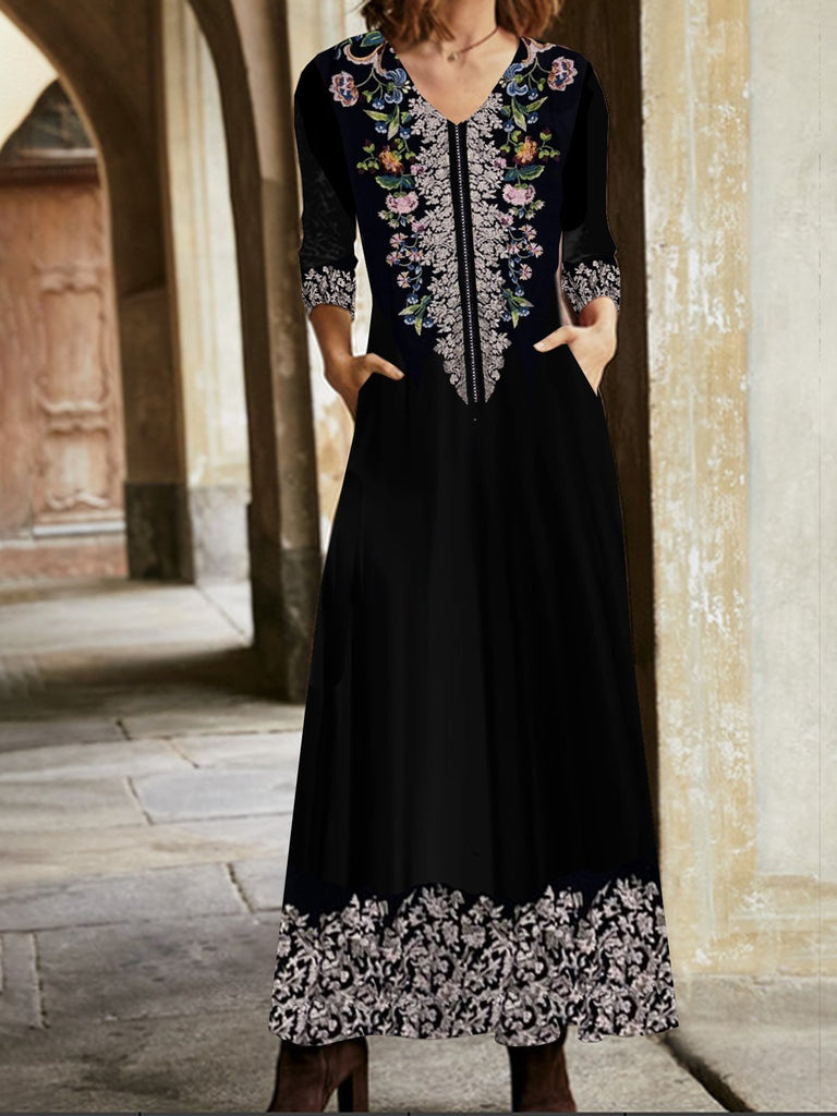 Plus Size Fashion V Neck Long Sleeve Floral Pocket Stitching Maxi Dress
