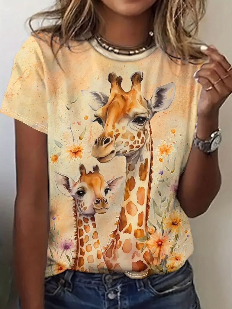 Fashion Short Sleeve Crew Neck Deer Casual Regular T-Shirt