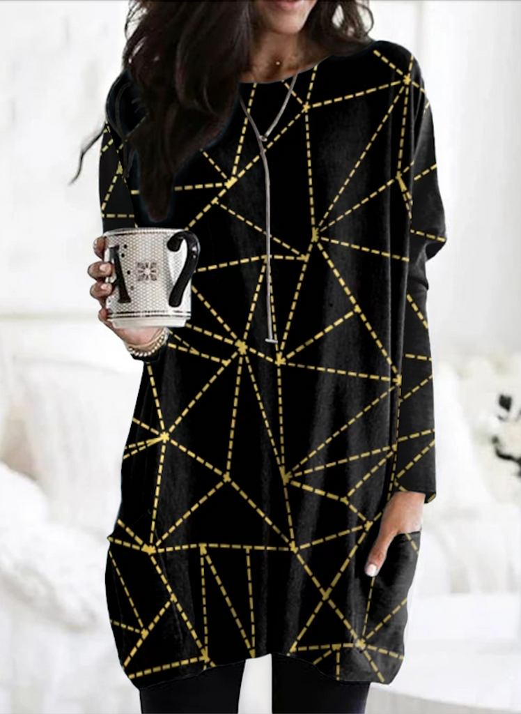 Vintage Crew Neck Long Sleeve Geometric Mid-Long T-Shirt