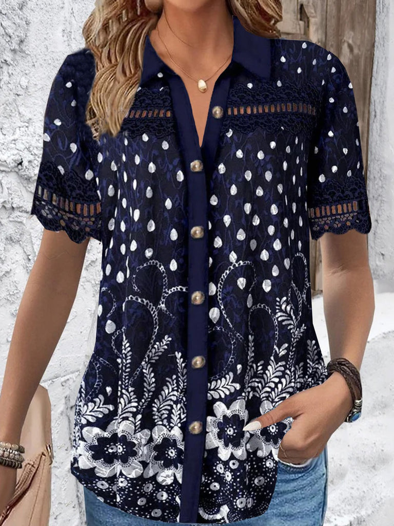 Loose Short Sleeve Shirt Collar Floral Fashion Regular Shirt