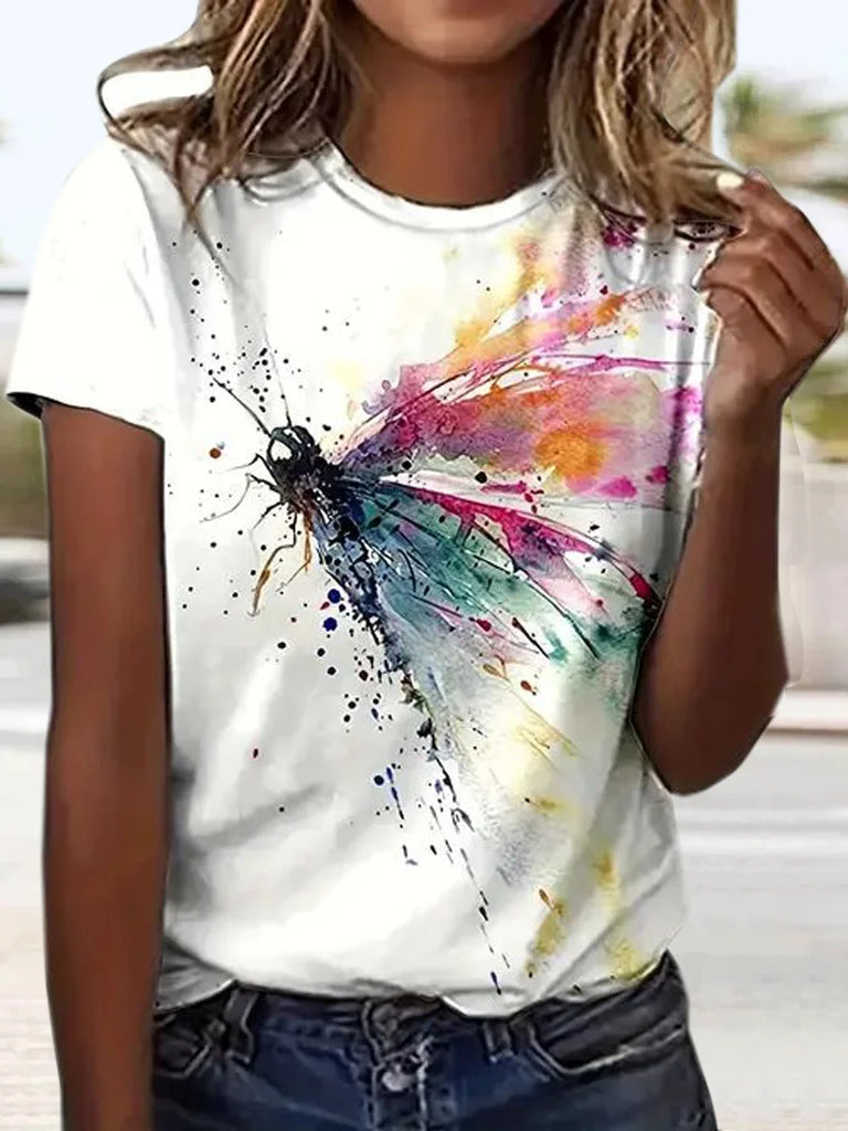 Casual Short Sleeve Crew Neck Dragonfly Fashion Regular T-Shirt