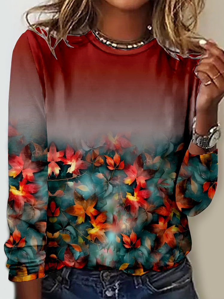 Casual Crew Neck Long Sleeve Maple Leaf Fashion Regular T-Shirt