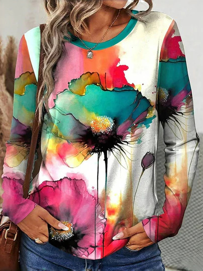 Fashion Crew Neck Long Sleeve Floral Casual Regular T-Shirt
