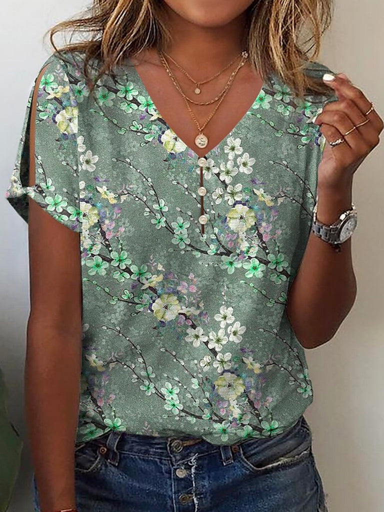 Fashion V Neck Short Sleeve Floral Loose Mid-Long Blouse