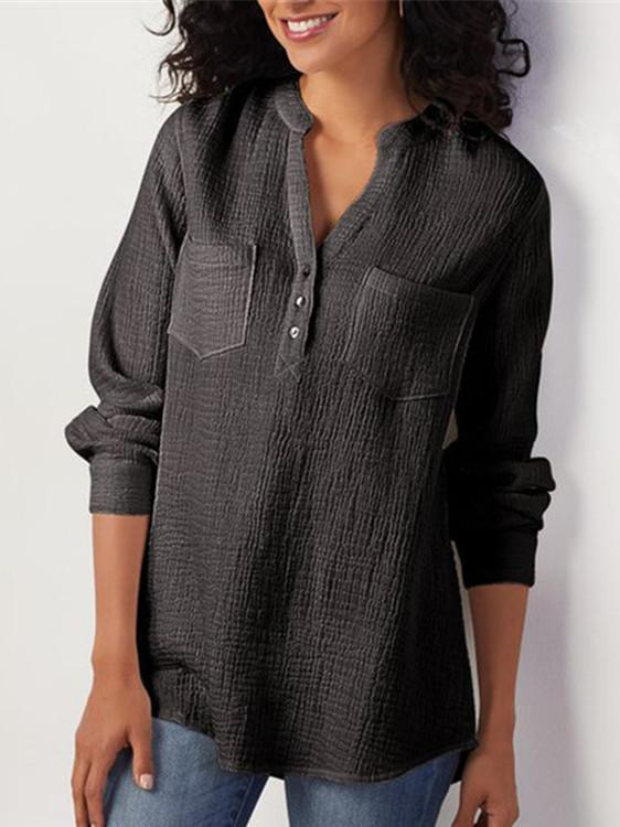 Fashion V Neck Long Sleeve Plain Loose Regular Blouse