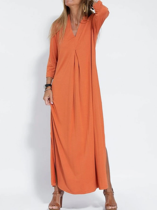 Fashion V Neck Long Sleeve Plain Loose Maxi Dress
