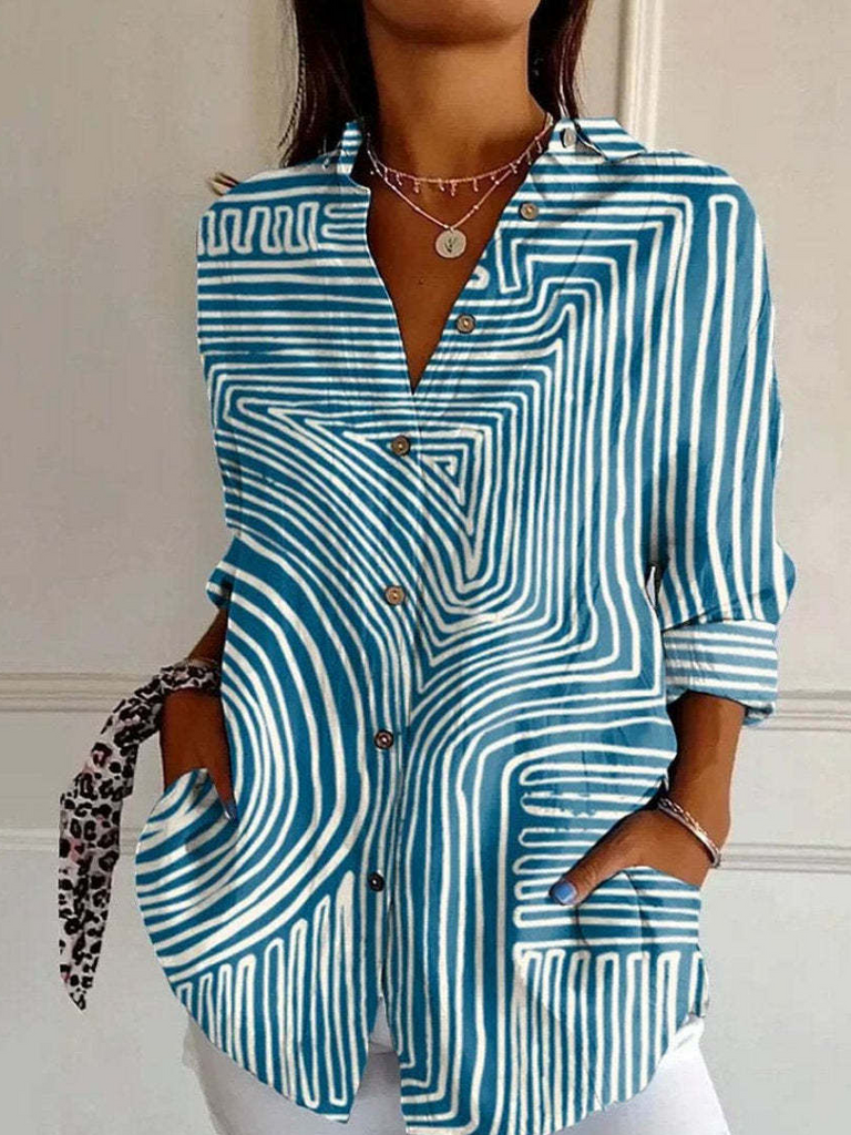 Fashion Long Sleeve Shirt Collar Striped Floral Loose Regular Shirt