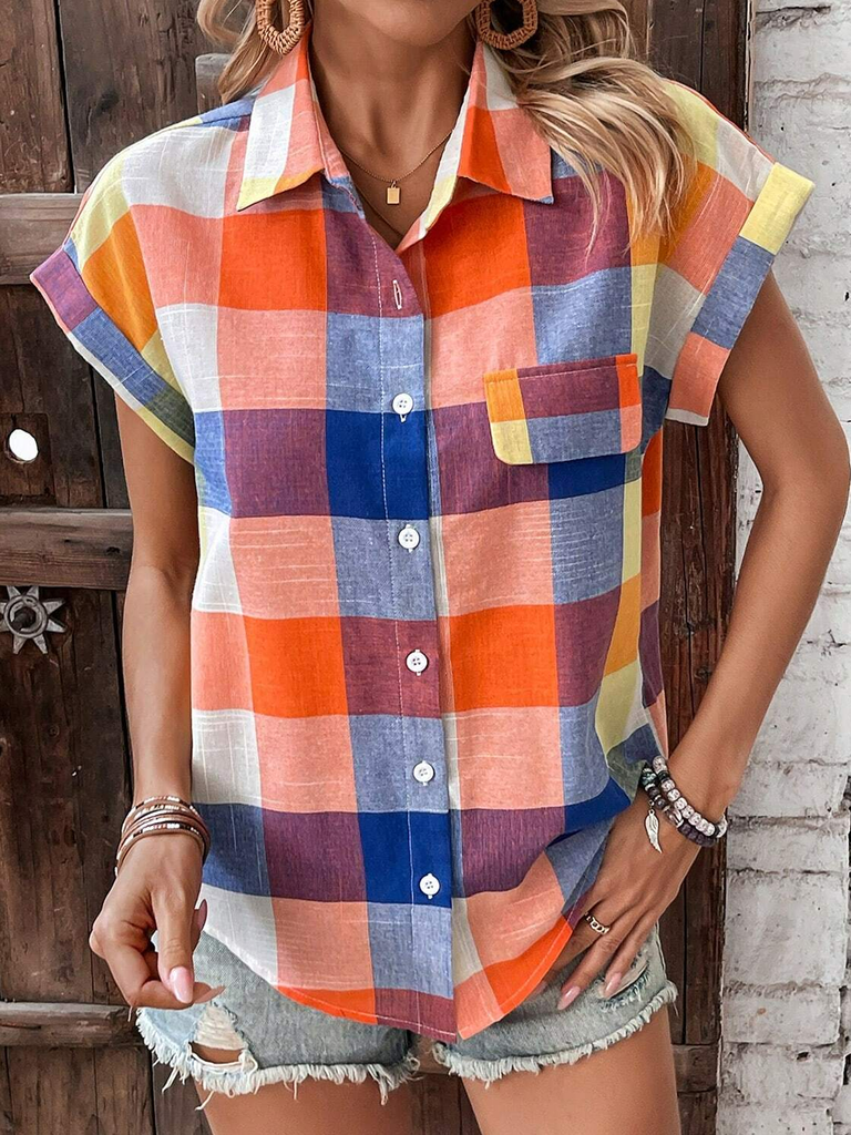 Fashion Short Sleeve Shirt Collar Plaid Loose Regular Shirt