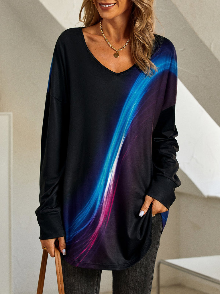 Loose V Neck Long Sleeve Abstract Fashion Mid-Long T-Shirt