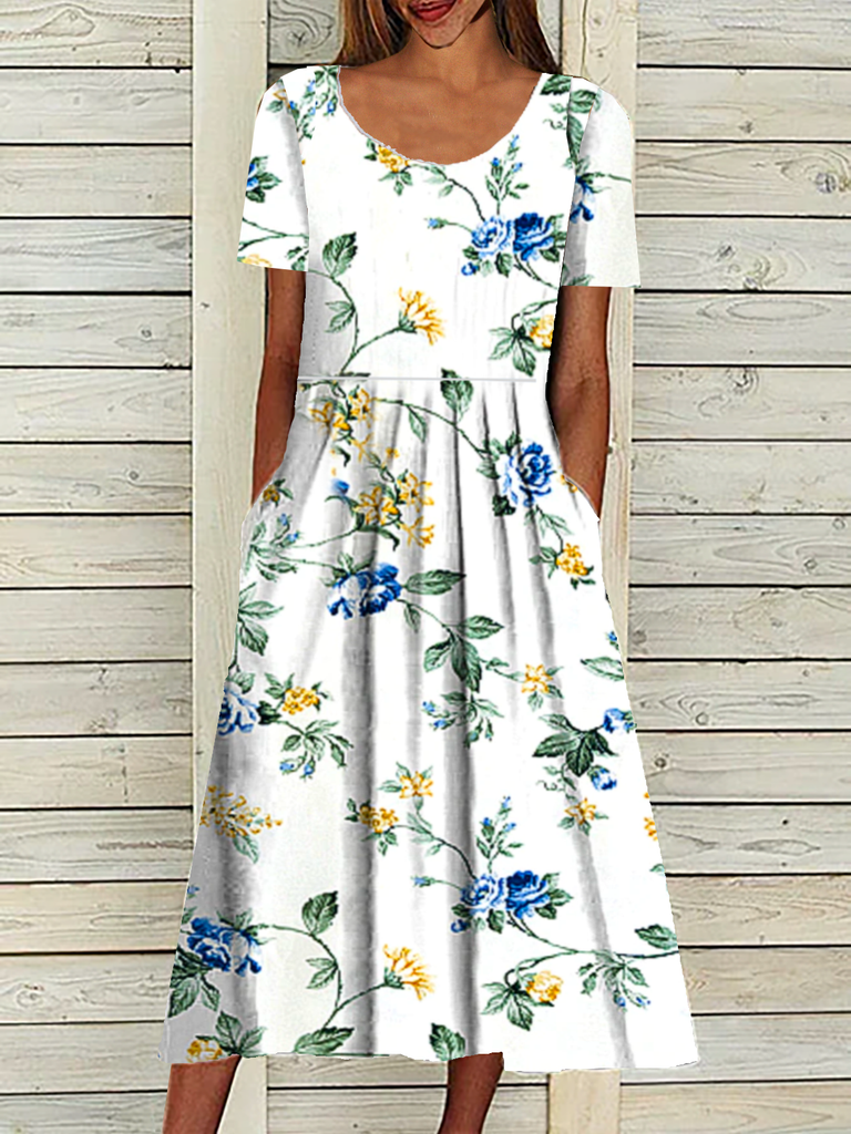 Fashion V Neck Short Sleeve Plain With Pockets Midi Dress