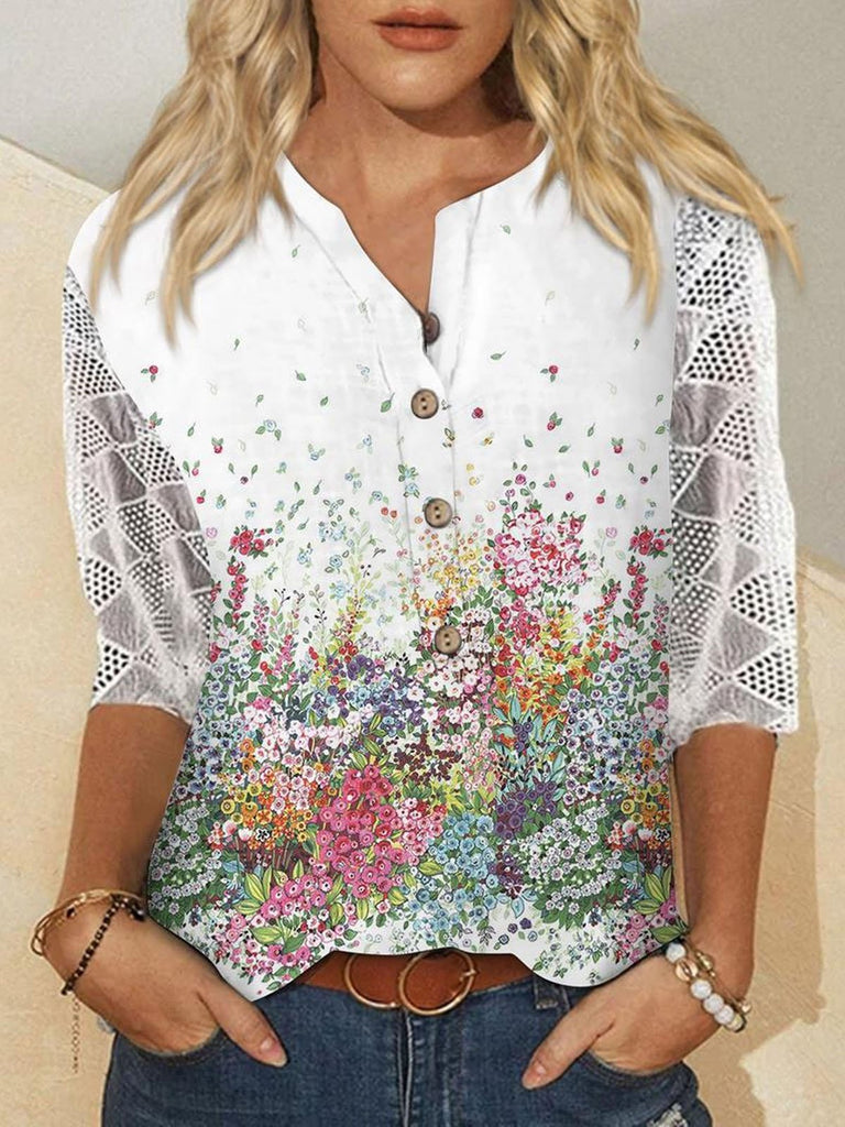 Fashion 3/4 Sleeve Notched Floral Loose Regular Blouse