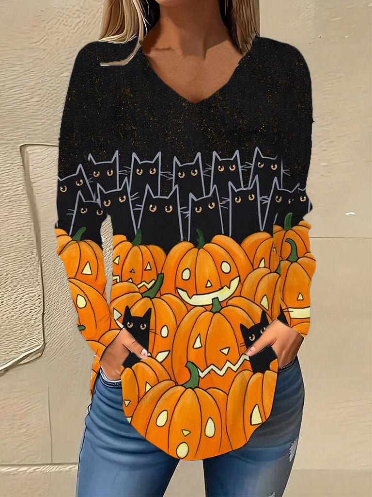 Fashion V Neck Long Sleeve Halloween Loose Regular Blouse