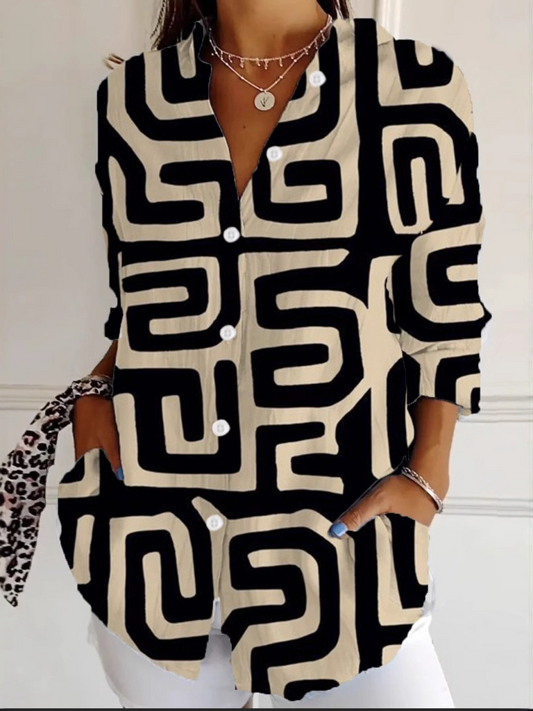 Fashion Long Sleeve Shirt Collar Abstract Loose Regular Shirt