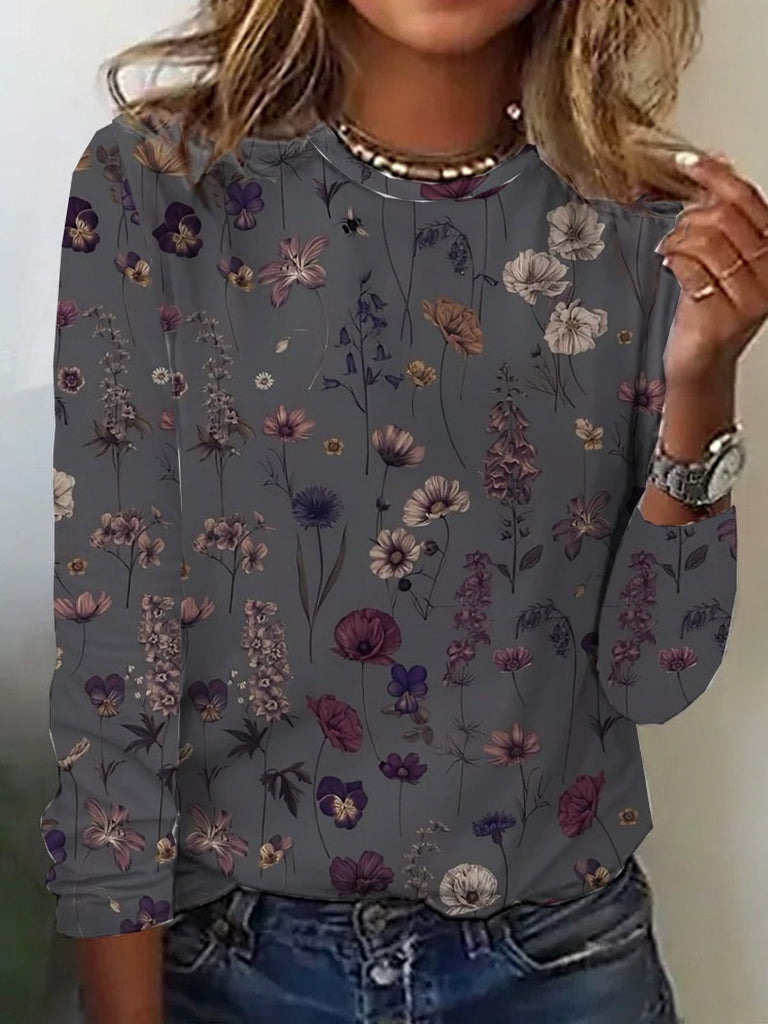 Fashion Crew Neck Long Sleeve Floral Casual Regular T-Shirt